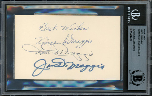 DiMaggio Brothers Autographed 3x5 Index Card With Joe, Dom & Vince DiMaggio Beckett BAS #11484739