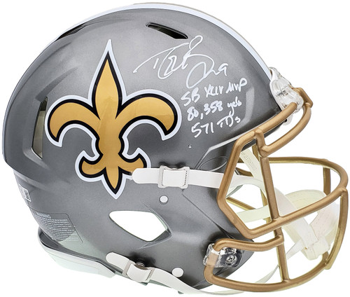 Drew Brees Autographed New Orleans Saints Flash Silver Full Size Authentic Speed Helmet "SB XLIV MVP, 80,358 Yards, 571 TDs" Beckett BAS QR Stock #197102