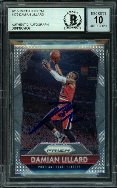 Damian Lillard Autographed 2015-16 Panini Prizm Card #179 Portland Trail Blazers Auto Grade Gem Mint 10 Beckett BAS Stock #199603