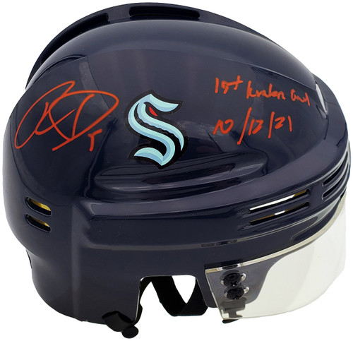 Ryan Donato Autographed Seattle Kraken Blue Mini Helmet "1st Kraken Goal 10/12/21" Fanatics Holo Stock #200297