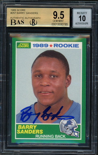 Barry Sanders Autographed 1989 Score Rookie Card #257 Detroit Lions BGS 9.5 Auto Grade Gem Mint 10 Beckett BAS #13330785