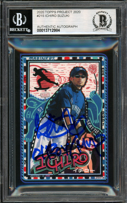 Ichiro Suzuki Autographed Topps Project 2020 Efdot Card #215 Seattle Mariners Auto Grade Gem Mint 10 "01 ROY/MVP" Blue #1/1 Beckett BAS #13712984