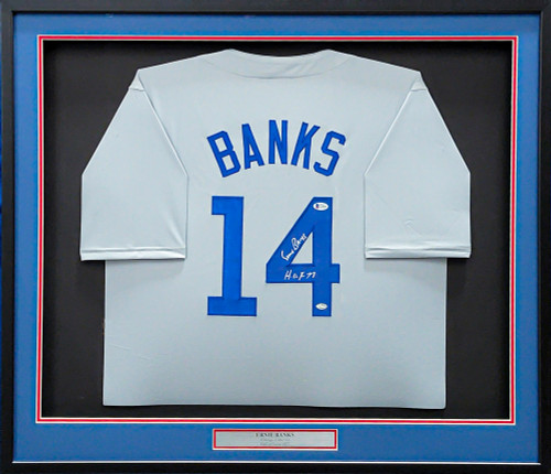 Chicago Cubs Ernie Banks Autographed Framed Gray Jersey "HOF 77" Beckett BAS Stock #202410