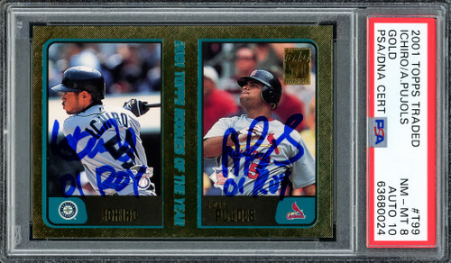 Albert Pujols & Ichiro Suzuki Autographed 2001 Topps Traded Gold Rookie Card #T99 PSA 8 Auto Grade Gem Mint 10 "01 ROY" PSA/DNA #63680024