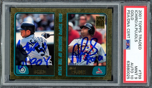 Albert Pujols & Ichiro Suzuki Autographed 2001 Topps Traded Gold Rookie Card #T99 PSA 9 Auto Grade Gem Mint 10 "01 ROY" Highest Graded Pop 1 #1543/2001 PSA/DNA #63680025