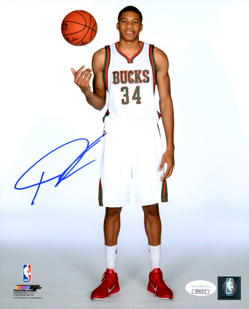 Giannis Antetokounmpo Autographed 8x10 Photo Milwaukee Bucks White Uniform JSA Stock #203023