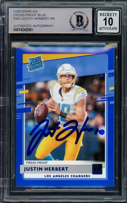 Justin Herbert Autographed 2020 Donruss Rated Rookie Blue Press Proof Rookie Card #303 Los Angeles Chargers Auto Grade Gem Mint 10 Beckett BAS #14242581