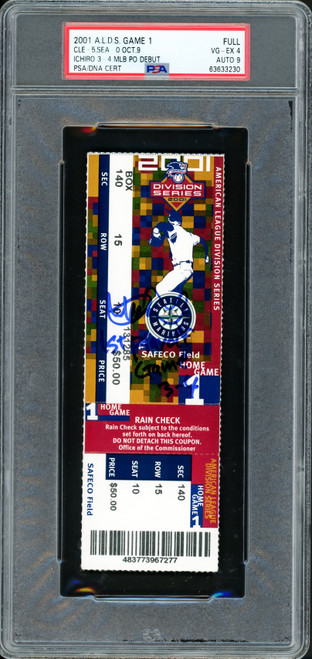 Ichiro Suzuki Autographed 2001 ALDS Game 1 Ticket Seattle Mariners PSA 4 Auto Grade Mint 9 "1st Playoff Game 3-4" PSA/DNA #63633230