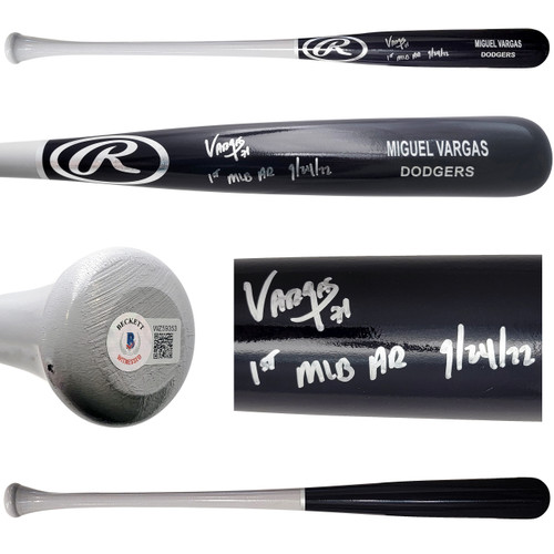 Miguel Vargas Autographed Black Rawlings Game Model Bat Los Angeles Dodgers "1st MLB HR" Beckett BAS Witness Stock #209052