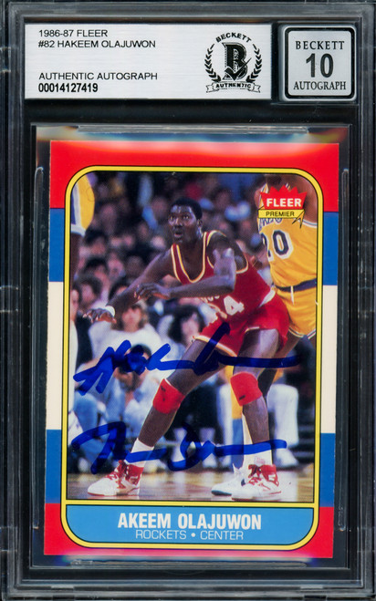 Hakeem Olajuwon Autographed 1986-87 Fleer Rookie Card #82 Houston Rockets Auto Grade Gem Mint 10 "The Dream" Beckett BAS #14127419