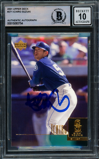 Ichiro Suzuki Autographed 2001 Upper Deck Rookie Card #271 Seattle Mariners Auto Grade Gem Mint 10 Beckett BAS Stock #211056