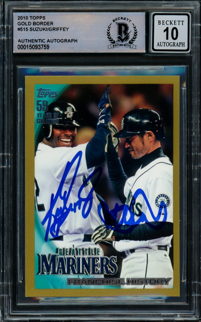 Ken Griffey Jr. & Ichiro Suzuki Autographed 2010 Topps Gold Card #515 Seattle Mariners Auto Grade Gem Mint 10 #1294/2010 Beckett BAS #15093759