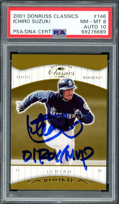 Ichiro Suzuki Autographed 2001 Donruss Classics Rookie Card #146 Seattle Mariners PSA 8 Auto Grade Gem Mint 10 "01 ROY/MVP" Pop 1 #503/585 PSA/DNA #69276689