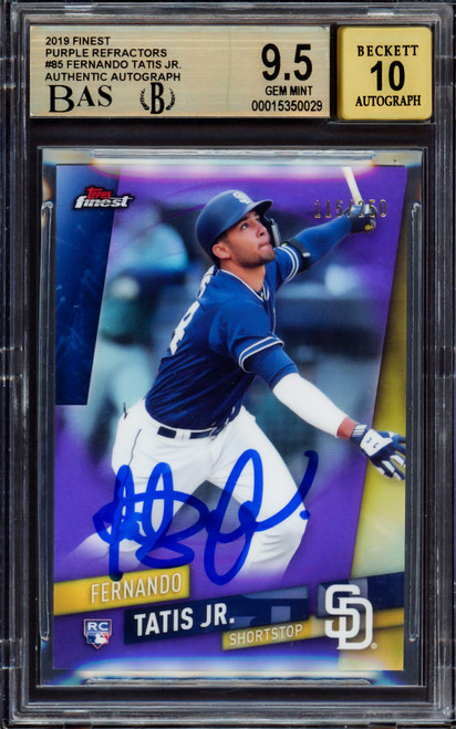 Fernando Tatis Jr. Autographed 2019 Topps Finest Purple Refractor Rookie Card #85 San Diego Padres BGS 9.5 Auto Grade Gem Mint 10 Highest Graded #115/250 Beckett BAS #15350029