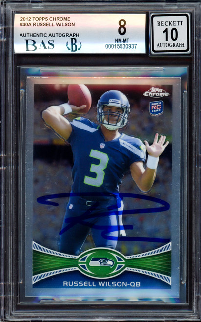 Russell Wilson Autographed 2012 Topps Chrome Rookie Card #40A Seattle Seahawks BGS 8 Auto Grade Gem Mint 10 Beckett BAS #15530937