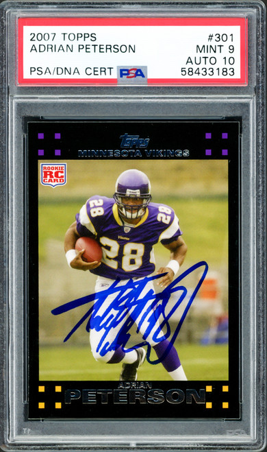 Adrian Peterson Autographed 2007 Topps Rookie Card #301 Minnesota Vikings PSA 9 Auto Grade Gem Mint 10 PSA/DNA #58433183