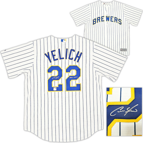 Milwaukee Brewers Christian Yelich Autographed White Pinstripe Majestic Jersey Size L "Brew Crew" JSA Stock #215532