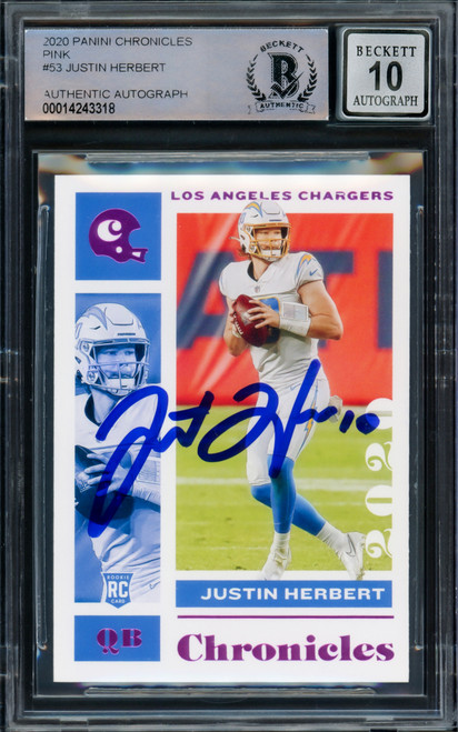 Justin Herbert Autographed 2020 Panini Chronicles Pink Parallel Rookie Card #53 Los Angeles Chargers Auto Grade Gem Mint 10 Beckett BAS Stock #220328