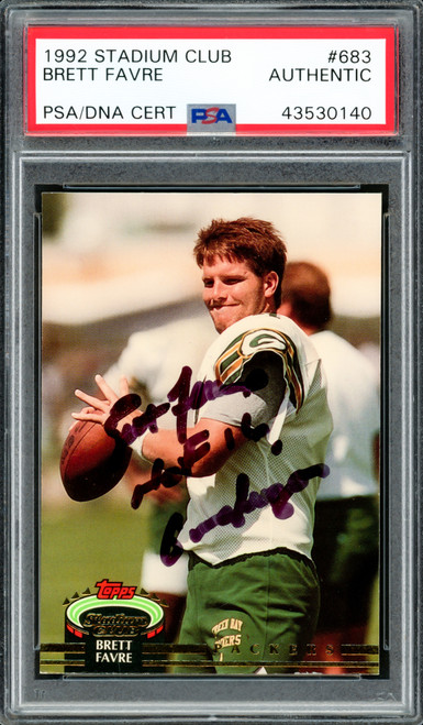 Brett Favre Autographed 1992 Topps Stadium Club Rookie Card #683 Green Bay Packers "HOF 16 Gunslinger" PSA/DNA #43530140