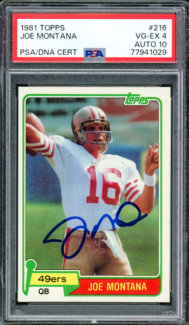 Joe Montana Autographed 1981 Topps Rookie Card #216 San Francisco 49ers PSA 4 Auto Grade Gem Mint 10 PSA/DNA #77941029