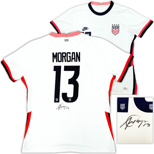 Team USA Alex Morgan Autographed White Nike Red & Blue Stripes Jersey Womens Size L Beckett BAS Witness Stock #221522