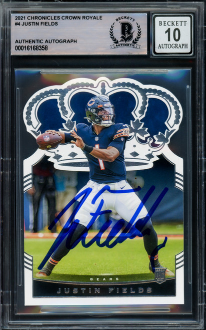 Justin Fields Autographed 2021 Panini Chronicles Crown Royale Rookie Card #CR-4 Chicago Bears Auto Grade Gem Mint 10 Beckett BAS #16168358