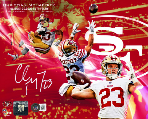 Christian McCaffrey Autographed 8x10 Photo San Francisco 49ers Rushing, Receiving & Passing Touchdown Trifecta Collage Beckett BAS QR Stock #224392