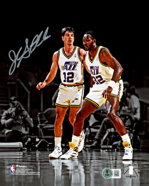 John Stockton Autographed 8x10 Photo Utah Jazz With Karl Malone Spotlight Beckett BAS Witness Stock #224395
