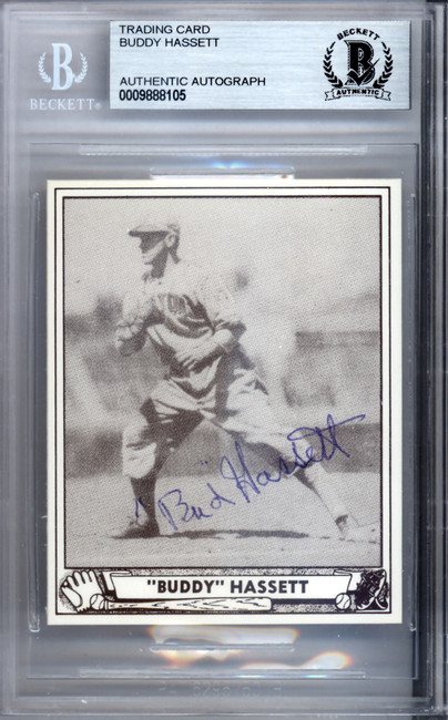 Buddy Hassett Autographed 1986 1940 Play Ball Reprint Card #62 Boston Bees Beckett BAS #9888105 Buddy Hassett Autographed 1986 1940 Play Ball Reprint Card #62 Boston Bees Beckett BAS #9888105