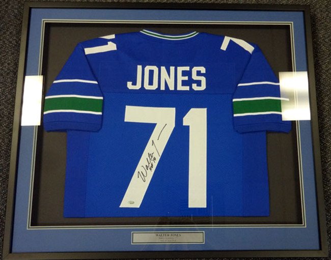 Seattle Seahawks Walter Jones Autographed Framed Blue Jersey MCS Holo Stock #90485