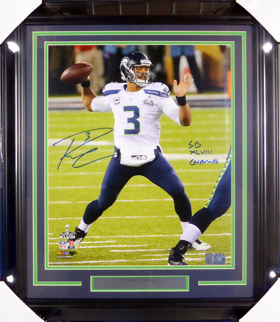 Russell Wilson Autographed Framed 16x20 Photo Seattle Seahawks Super Bowl "SB XLVIII Champs" RW Holo Stock #126669