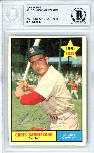 Chris Cannizzaro Autographed 1961 Topps Rookie Card #118 St. Louis Cardinals Beckett BAS #10540095