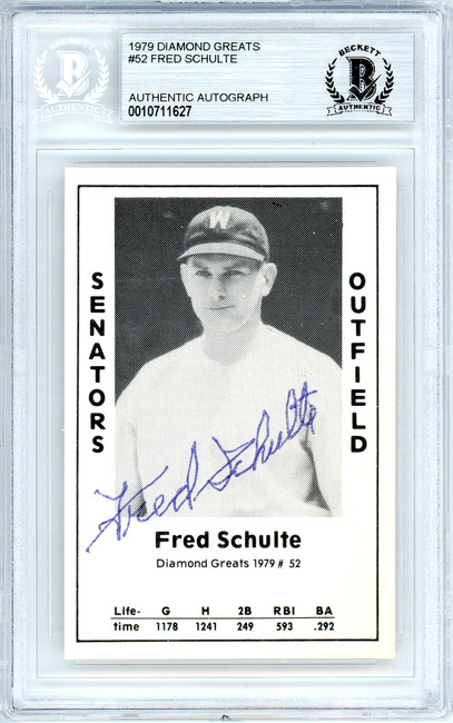 Fred Schulte Autographed 1979 Diamond Greats Card #52 Washington Senators Beckett BAS #10711627