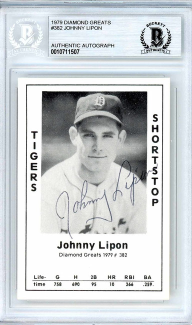 Johnny Lipon Autographed 1979 Diamond Greats Card #382 Detroit Tigers Beckett BAS #10711507