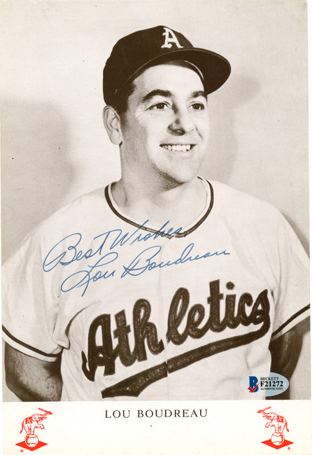 Lou Boudreau Autographed 6.5x9 Photo Kansas City A's "Best Wishes" Beckett BAS #F21272