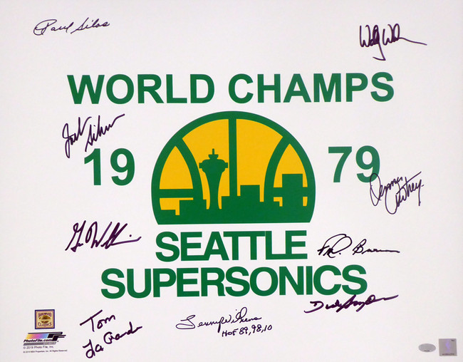 1978-79 NBA Champions Seattle Supersonics Multi Signed Autographed 16x20 Photo With 9 Signatures Including Fred Brown & Lenny Wilkens "HOF 89, 98, 10" MCS Holo Stock #145853
