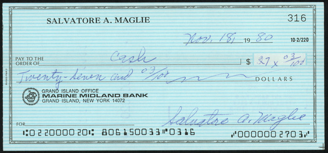 Sal Maglie Autographed 3x6 Check Brooklyn Dodgers, New York Yankees SKU #147869