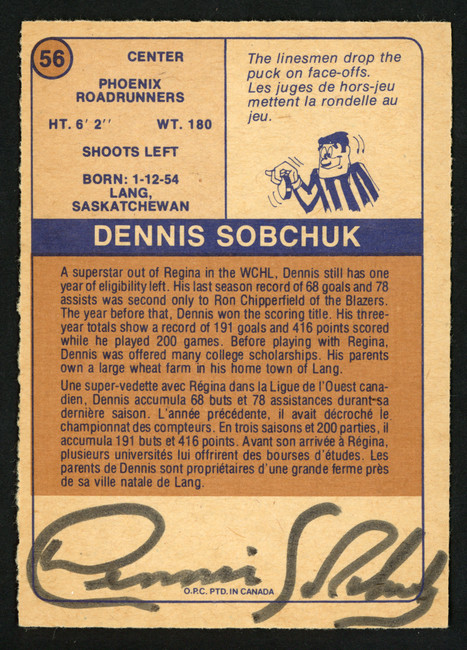 Dennis Sobchuk Autographed 1974-75 WHA O-Pee-Chee Card #56 Phoenix Roadrunners SKU #151919