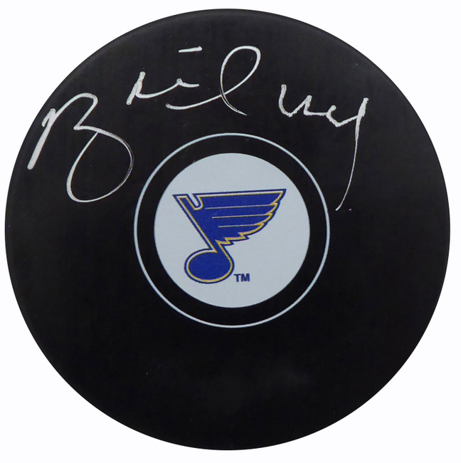 Brett Hull Autographed Official St. Louis Blues Logo Puck In Thin Silver Beckett BAS Stock #152348