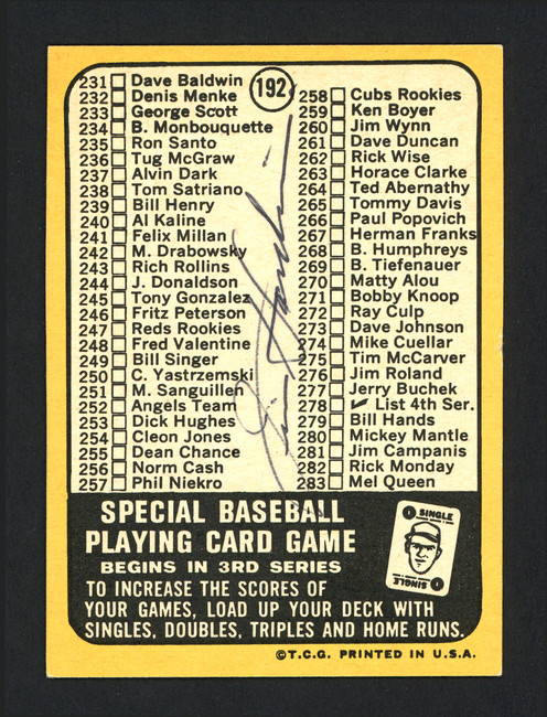 Jim Hardin Autographed 1968 Topps Checklist Card #192 Baltimore Orioles SKU #165347
