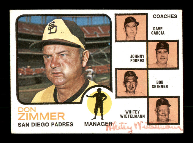 Whitey Wietelmann Autographed 1973 Topps Card #12 San Diego Padres Coach SKU #167196