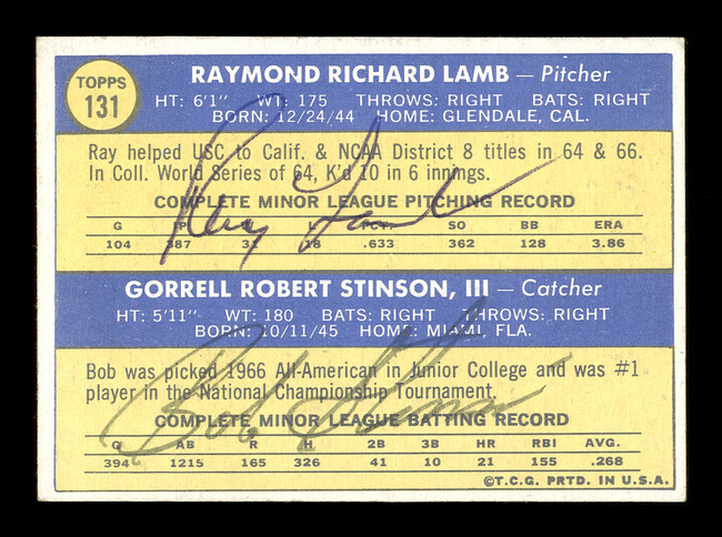 Ray Lamb & Bob Stinson Autographed 1970 Topps Rookie Card #131 Los Angeles Dodgers SKU #167527 Ray Lamb & Bob Stinson Autographed 1970 Topps Rookie Card #131 Los Angeles Dodgers SKU #167527