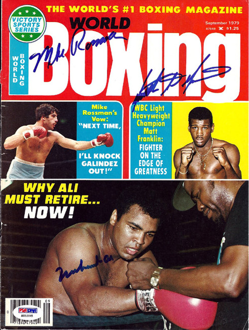 Muhammad Ali, Mike Rossman & Matthew Saad Muhammad. Autographed Boxing World Magazine Cover PSA/DNA #S01595