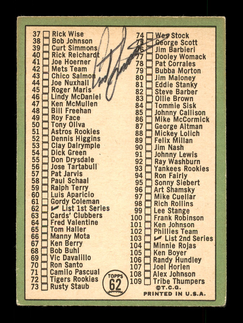 Curt Simmons Autographed 1967 Topps Checklist Card #62 Chicago Cubs SKU #170762