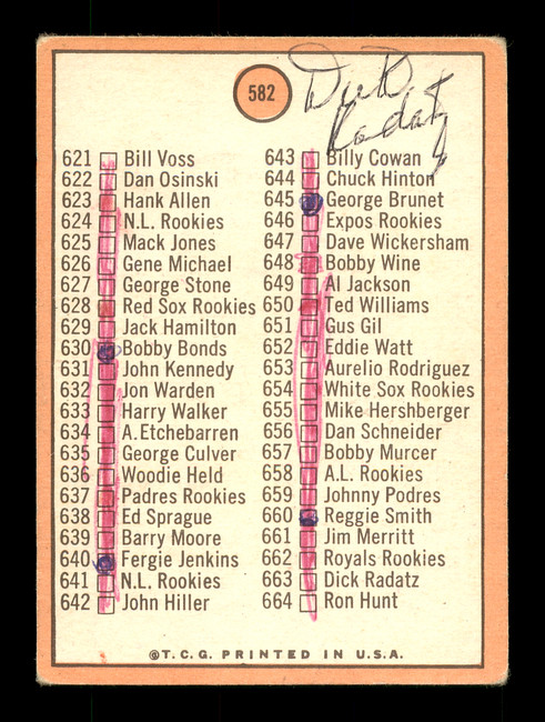Dick Radatz Autographed 1969 Topps Checklist Card #582 Detroit Tigers SKU #171120