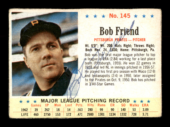 Bob Friend Autographed 1963 Post Cereal Card #145 Pittsburgh Pirates SKU #171505