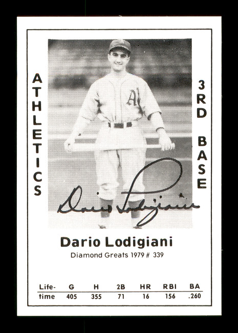 Dario Lodigiani Autographed 1979 Diamond Greats Card #339 Philadelphia A's SKU #171726