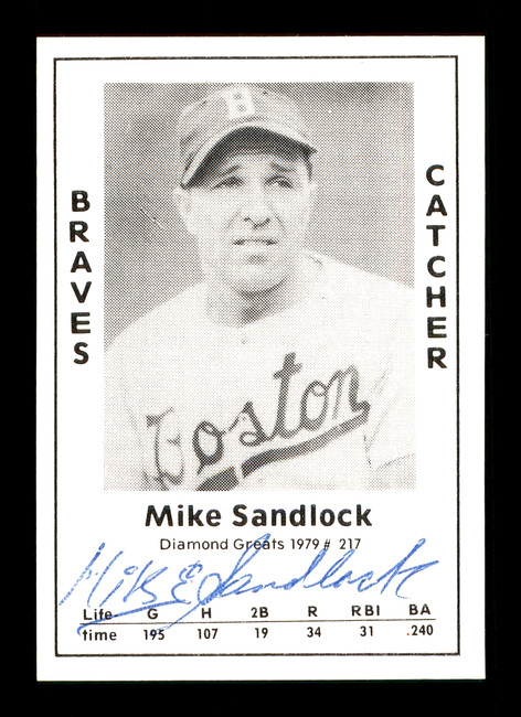 Mike Sandlock Autographed 1979 Diamond Greats Card #217 Boston Braves SKU #171970