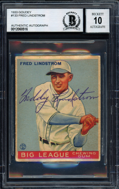 Fred Freddy Lindstrom Autographed 1933 Goudey Rookie Card #133 Pittsburgh Pirates Auto Grade 10 Beckett BAS #12060516
