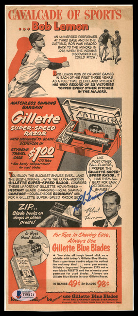 Bob Lemon Autographed 5.25x13 Gillette Ad Advertisement Cleveland Indians Beckett BAS #T55121